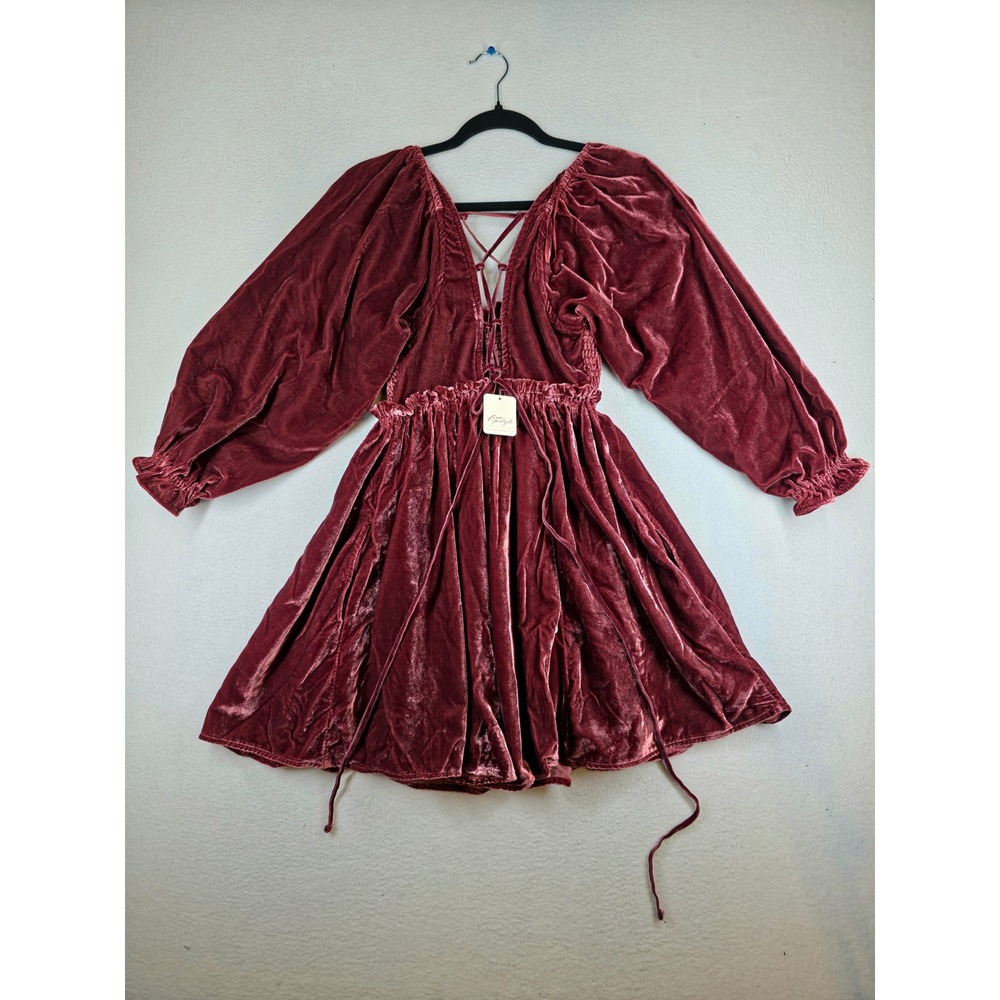 Free People Roan Rouge Velvet Mini Dress Burgundy Lace Up XS OB1391930